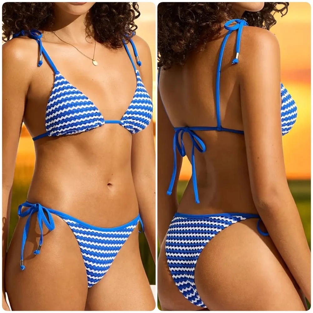 Blue White Mesh Effect Side Ties Bikini Set